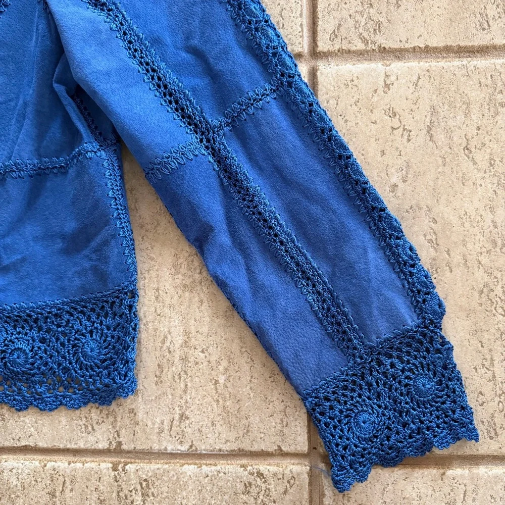Vintage Y2K Size XL Blue Suede Leather Patchwork Jacket Lace Western‎ Crochet